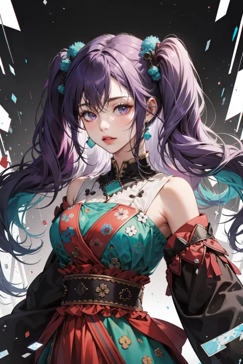 (absurdres, highres, ultra detailed), (1girl:1.3), twintails, purple hair, BREAK , glitch art, digital distortion, pixelated fragments, data corruption, colorful noise, visual chaos, contemporary aesthetics BREAK , enamel art, glass-like surface, vibrant c...