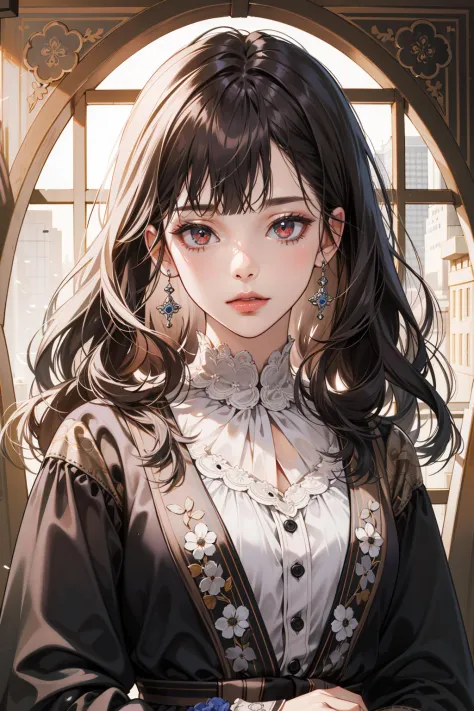 (absurdres, highres, ultra detailed), 1girl, mature female, wavy hair, long hair, blunt bangs, red eyes, dress, long sleeves, finely detailed eyes and detailed face, intricate details, BREAK mosaic art, small pieces, colorful tesserae, intricate patterns, ...