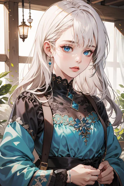 (absurdres, highres, ultra detailed), 1girl, mature female, white hair, long hair, blunt bangs, blue eyes, dress, long sleeves, finely detailed eyes and detailed face, intricate details, BREAK mosaic art, small pieces, colorful tesserae, intricate patterns...