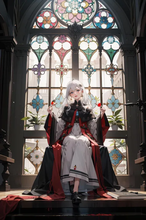 (absurdres, highres, ultra detailed), (1girl:1.3), white hair, break , stained glass, radiant colors, bold outlines, intricate p...