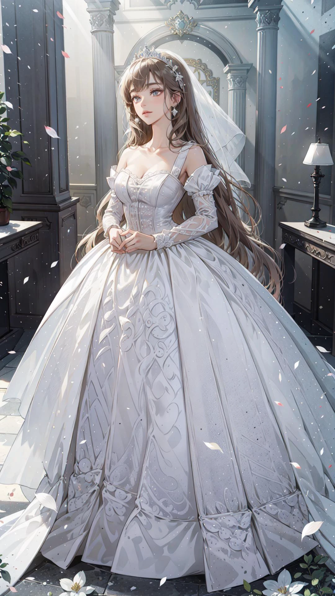 ((最好的质量)), ((杰作))  婚礼公主裙, 光线, 镜头光晕, 白色花瓣, 长毛猫, 异国情调