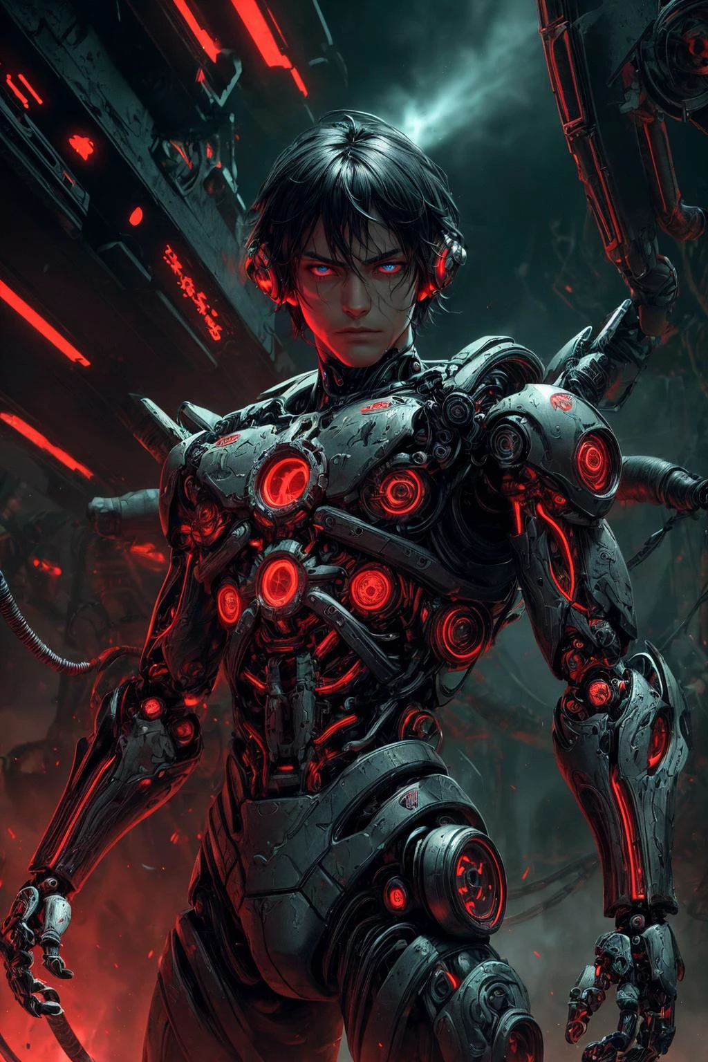 (best quality, masterpiece), (1man, masculine adult [russian:japanese:0.3] male:1.2),  light blue eyes, black hair, temp fade,
 solo, (full body:0.6), looking at viewer, detailed background, detailed face, (scifi, demonictech theme:1.1), android,  mechanical limbs, mechanical eyes, wires,  high-tech,  emotionless, sleek design,       gears,  powered by fusion, holograms,    energy pulse,  neon colors, explosions in background, cinematic atmosphere,