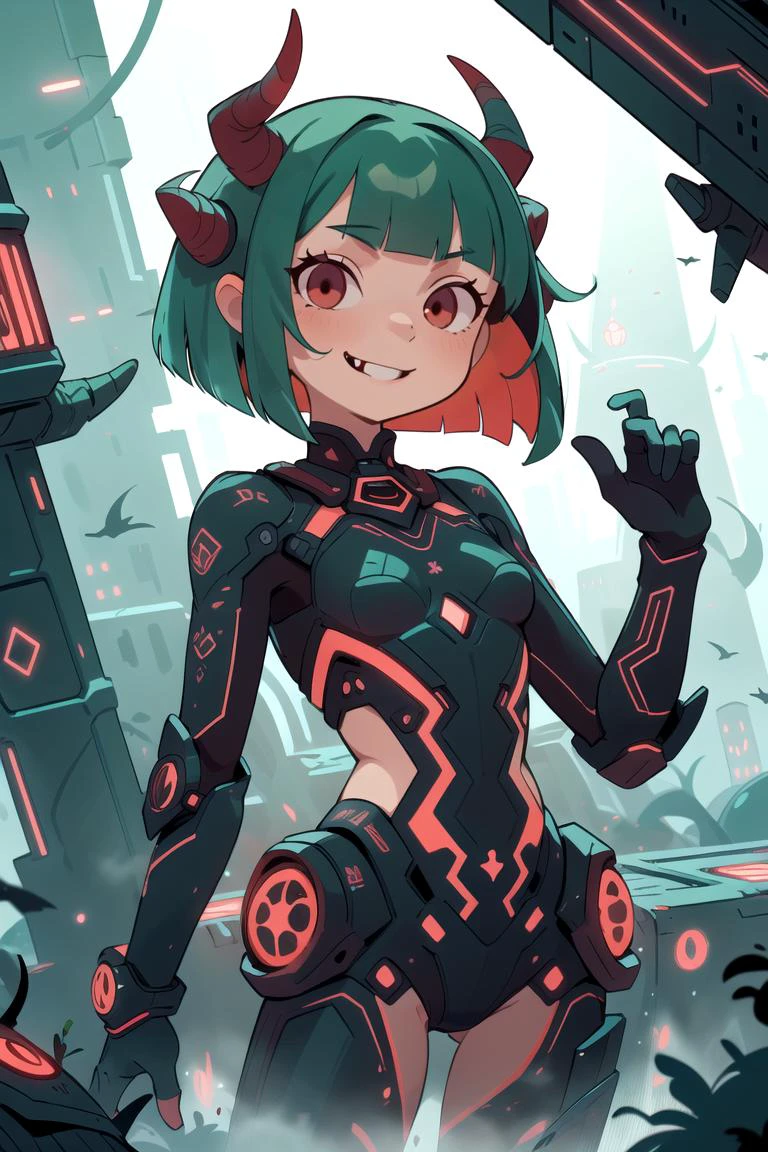 flat vector art , illustration,
closeup, small breasts, seductive smile, best quality,
bob cut, red eyes, green hair,multicolored hair, aqua hair,
1girl, standing in a scifi city, perfect face ,
demonictech, scifi, horns,