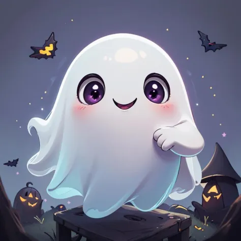 ((masterpiece,best quality)), absurdres,
<lora:Cute_Ghost_Anime:1>, Cute_Ghost, no humans, solo, ghost, floating, halloween, pokemon (creature), cute, 
solo, smiling, looking at viewer,
purple theme, graveyard in background,