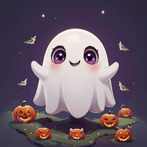 ((masterpiece,best quality)), absurdres,
Cute_Ghost, no humans, solo, ghost, floating, halloween, pokemon (creature), cute, 
solo, smiling, looking at viewer,
purple theme, graveyard in background,