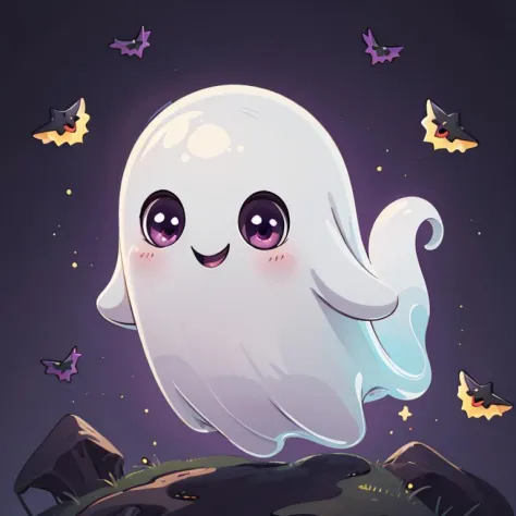 ((masterpiece,best quality)), absurdres,
<lora:Cute_Ghost_Anime:1>, Cute_Ghost, no humans, solo, ghost, floating, halloween, pokemon (creature), cute, 
solo, smiling, looking at viewer,
purple theme, graveyard in background,