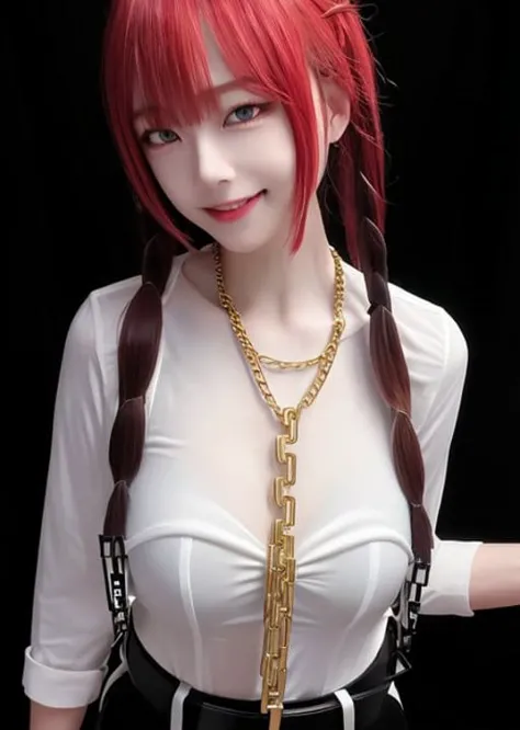 (masterpiece), (best quality),makima \(chainsaw man\), best quality, ultra detailed, 1girl, solo, standing, red hair, long braided hair, golden eyes, bangs, medium breasts, white shirt, necktie, stare, smile, (evil:1.2), looking at viewer, (interview:1.3), (dark background, chains:1.3),