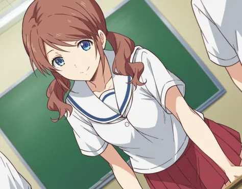 anime image of a girl in a school uniform standing in front of a chalkboard