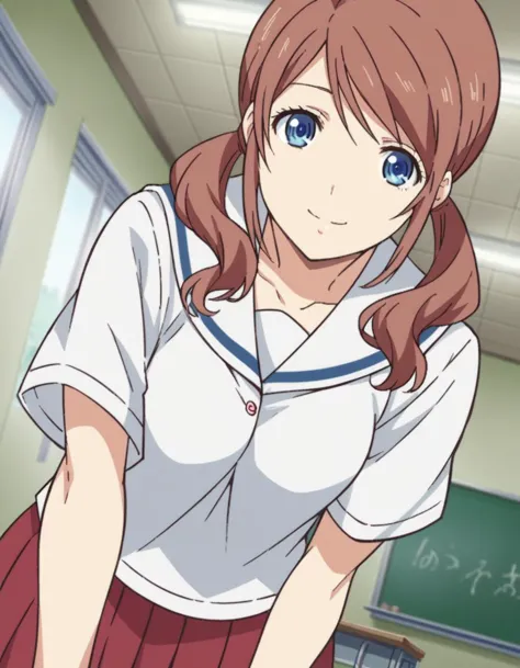 anime girl in uniform standing in a classroom with a blackboard