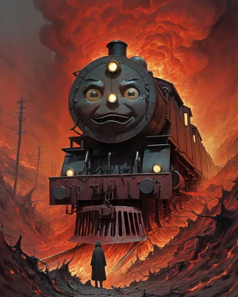 fantasy illustration,anime,art by Tsutomu Nihei,manga,oil paint,thomas the train in hell,beksinski