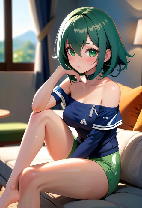 semi-realistic anime, 2.5D, masterpiece, best quality, 1girl, shiny skin, curly green hair, green eyes, sitting, couch, knees up...