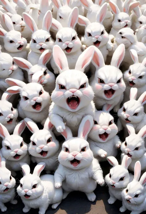 JuggernautNegative, 
A lot of white angry rabbits, cute and cuddly, conquering the world, by ruling over humans by punching them,