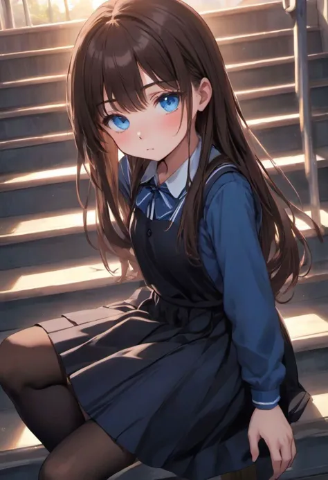 Girl, long straight brown hair with bangs, sky blue eyes, dressed in a dark blue long-sleeved school dress with a black apron, b...