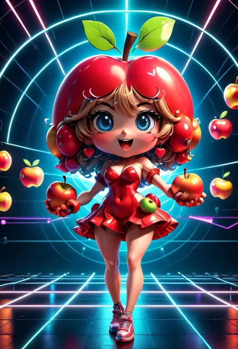 3D rendering of a cute female apple character, love facial expression, exaggerated action, 3D character, a little fluffy, cartoo...