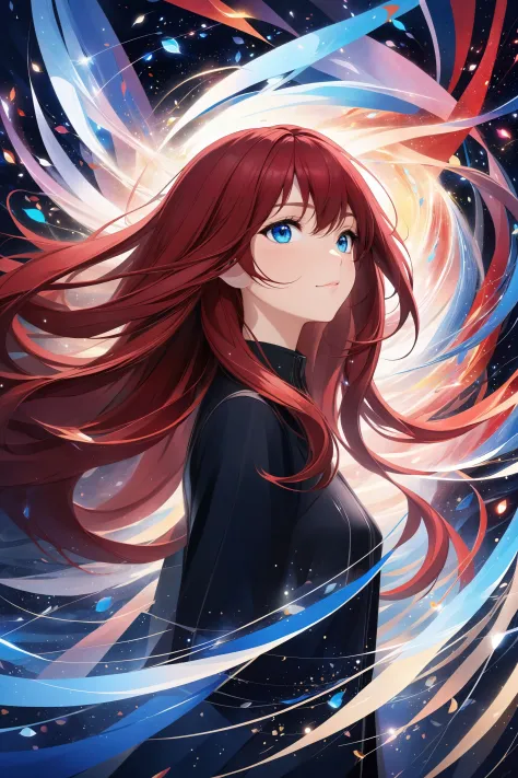 (masterpiece, best quality, highres, anime art style, pixiv), (1girl, solo, dark red hair, blue eyes, long hair, straight hair, floating, looking to the side, emotional), (abstract, abstract background, romanticized, bloom, swirling lights, light particles), blush, mature female,