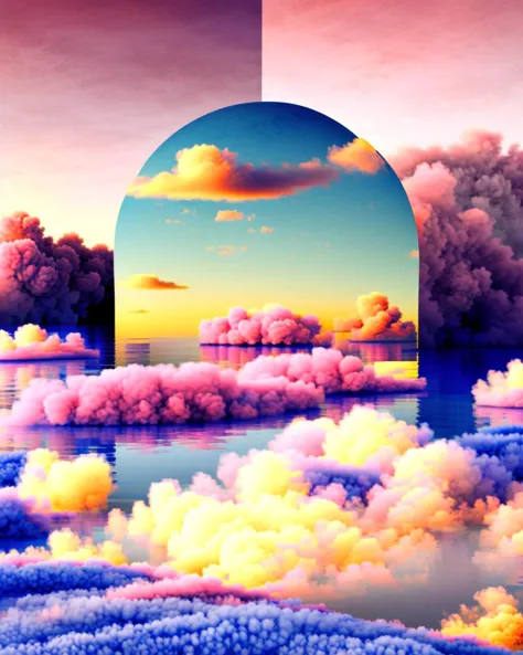 a picture of a surreal landscape with a mirror and clouds