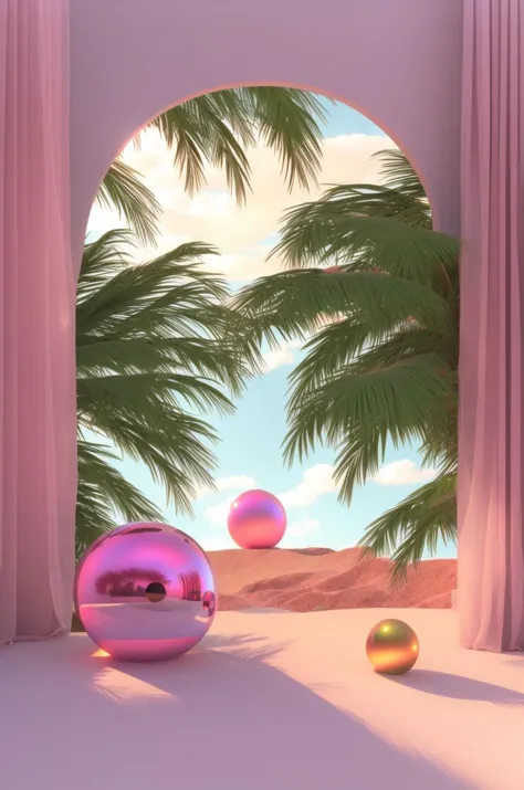 a person sitting on a floor in a room with a palm tree and a chair in the background and a round window with a pink curtain , Be...