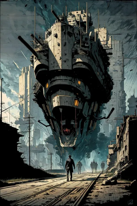 a poster of a man walking down a street with a giant ship in the background