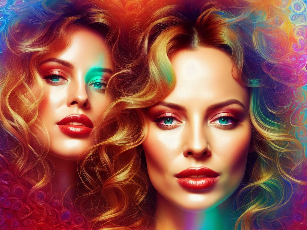 un retrato extremadamente psicodélico de Kylie Minogue, surreal, LSD, rostro, detallado, Intrincado, elegant, ágil, highly detallado, pintura digital, Estación de arte, arte conceptual, liso, enfoque nítido, ilustración