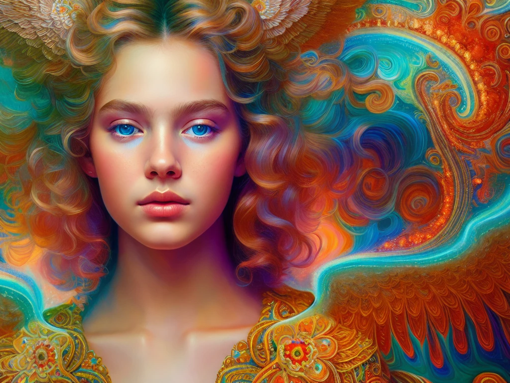 an extremely psychedelic portrait of teen angel, surreal, lsd, face, detailed, intricate, elegant, lithe, highly detailed, digital painting, artstation, concept art, smooth, sharp focus, illustration