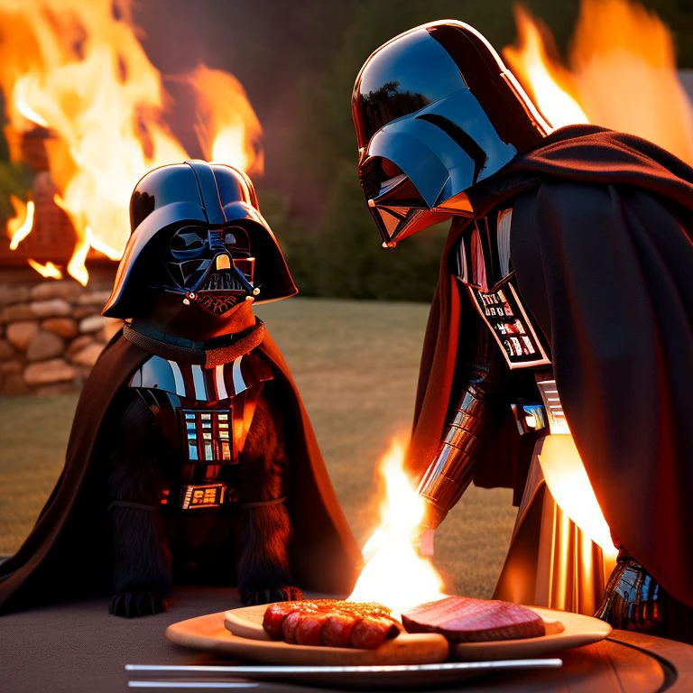 sehr detailliertes Foto von Darth Vader beim Grillen mit einem Hund an seiner Seite am Teil, Ganzkörperaufnahme, draußen, Umgebungsbeleuchtung, 8k Auflösung