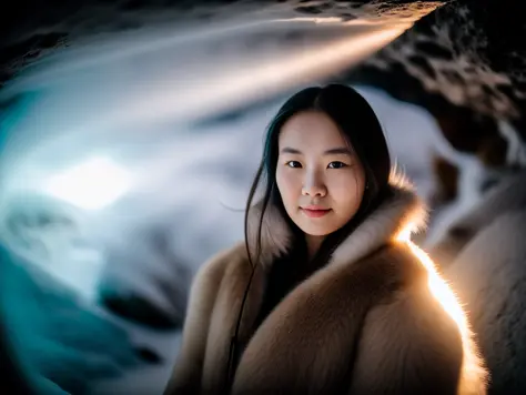 Photography from Arctic cave,closeup woman, fur, translucent light, sunrays, 8k ,hdr,