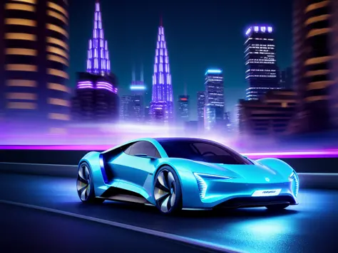 photo electric vehicle  concept, on dynamic, racing in night city background.