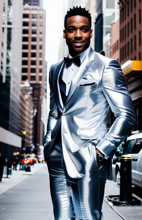 photorealistic, beautiful man standing (((full body))) in in shiny silver suit in New York City, vertical aspect ratio,