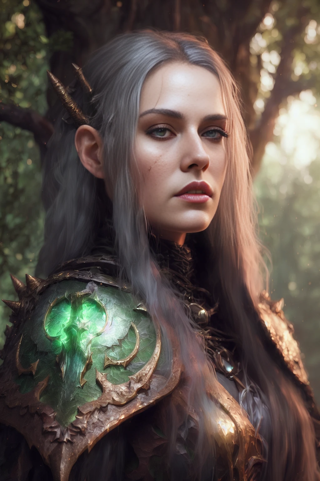 realistic digital painting portrait of a gothic female inquisitor, (stright long hair:1.1), (Dungeon and Dragon:1.3), magical dark and green forest, padded black armor, mace, shield , (abstract background:1.2), (light particle:1.1), (very detailed skin:1.2), (game concept:1.3), (elden ring style:1.3), (arcane style:0.8), (depth of field:1.3), global illumination, art by hoang lap and fuji choko and artgerm and greg rutkowski and viktoria gavrilenko
