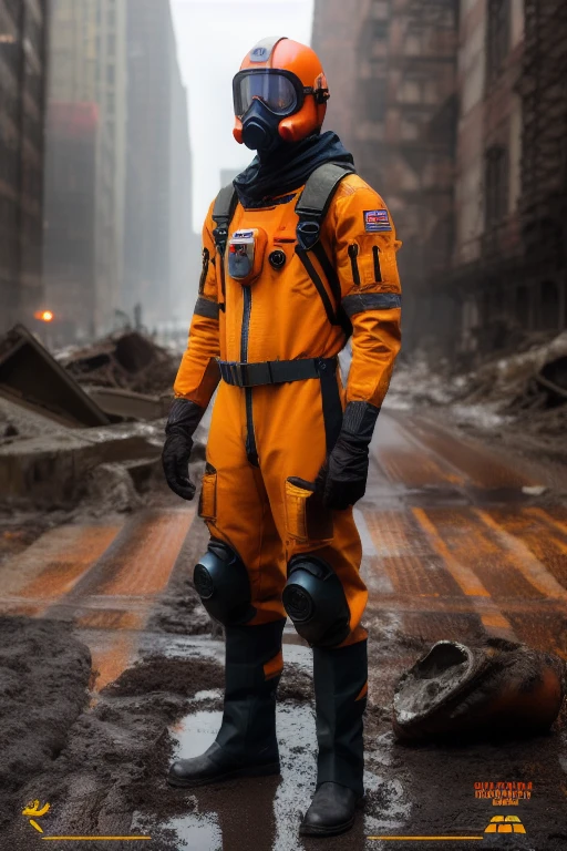 professional modelshoot photo, rescuer in (highly detailed:1.1) orange pressure suit, face fully covered with a sci-fi gas mask, half submerged in black mud, new york, post-apocalyptic ruined city after the atomic explosion, (a lot of overturned wrecked cars), construction garbage, realistic, sharp focus, 8k high definition, insanely detailed, intricate, elegant, on winter day
