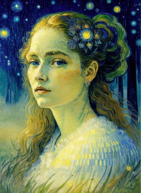 close up portrait,  a female traveller in the wilds of eldraine, vincent van gogh, andy kehoe    ,   intricate detail,   symmetr...