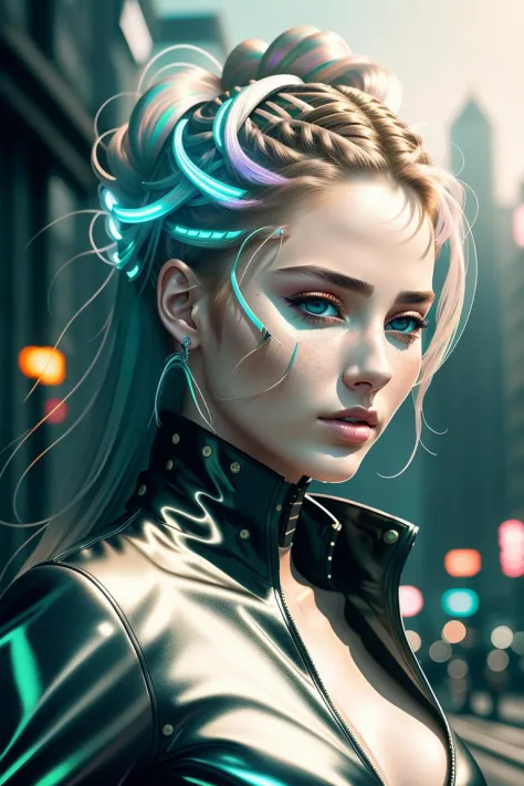 (8k, masterpiece:1.2), Night view of city streets, The lights of the night, (ultra highres:1.0), watercolor, a beautiful woman, wearing loose reflective white blouse, weird future fashion with straps, shoulder, thorny hair ribbons, (portrait shot, close up:1), extremely luminous bright design, (detailed face), heavy glow makeup, model photoshoot style, very long hair, intricate, elegant, hdr, backlighting, realism, (hyperrealism), (cinematic), (hyperdetailed:1.2), best quality, (best quality:1.0), close up, <lora:weird future fashion_v3:1>