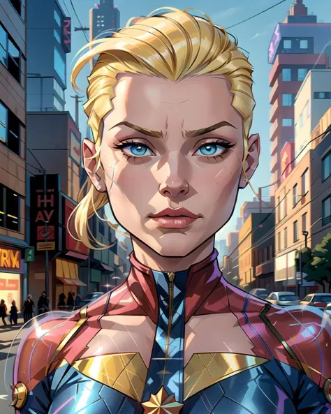 closeup, captain marvel, ((detailed eyes and face)), blond hairstyle with shaved sides, street, background clutter garbage, dayt...