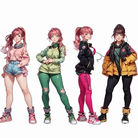 three anime girls in different colored clothes standing next to each other