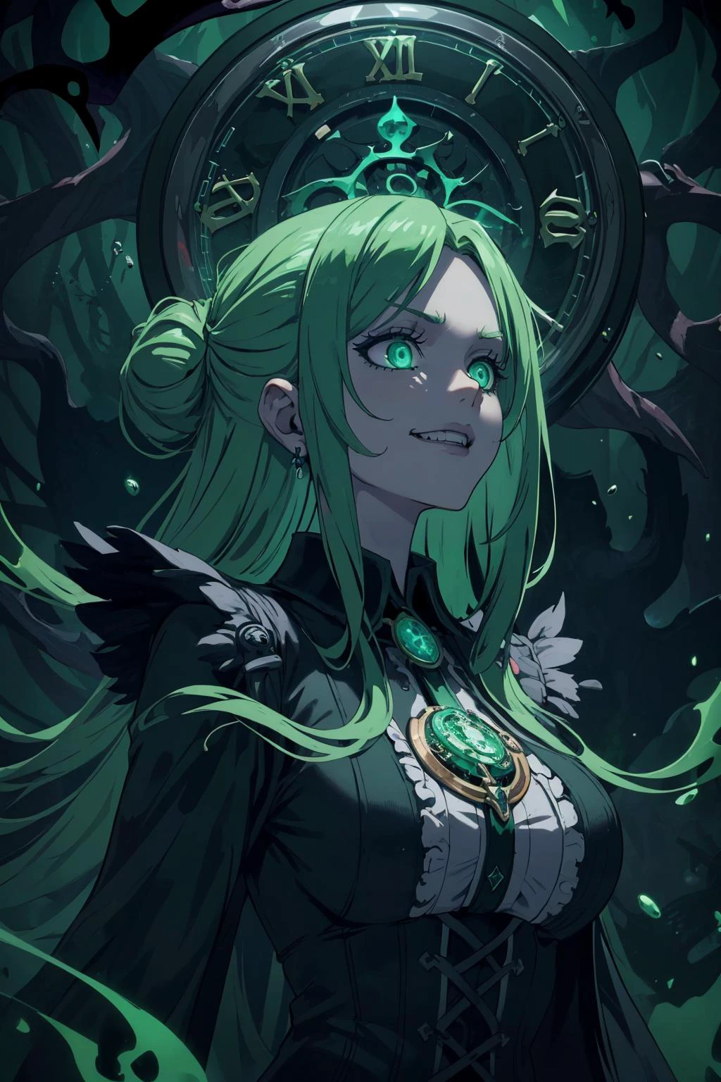 masterpiece, best quality, 1 girl, adult ukrainian woman,  aquamarine eyes, brown updo hairstyle,   
  solo, upper body, looking up, detailed background, detailed face, (ChronomancyAI, chronomancy theme:1.1) venom-wizard, tattered plague doctor robes, evil glowing  talisman, sinister grin,   vivid green color scheme, green hair,  green clothes,  green spell,    drops of glowing poison,   poisoned dagger, glowing toxic tattoos, glowing  symbols, skull and bones symbol,    dark forest in background, backlighting, ominous atmosphere,