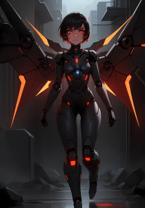 a woman in a futuristic suit with wings and glowing eyes