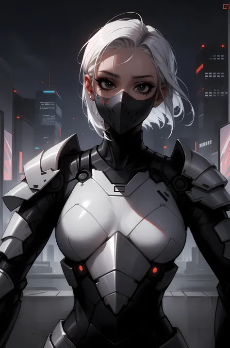 beautiful, (masterpiece), best quality, (extremely detailed face), extremely detailed eyes, perfect lighting, detailed, deep skin, textured skin, <lora:oil2.0_2-512-64:0.5> <lora:add_detail:0.4>, cyber, ninja, slim girl, sexy white and grey futurist armor, metal armor, metal mask, short white hair, black eyes, scars, upper body, destopic city, <lora:GopherAlphaStyle:0.4>