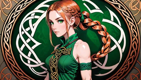 1girl, beautiful girl, Celtic Tattoos, huge pony tail in a Celtic knot braid, full body