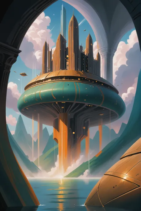 digital painting, <lora:EnvyCelticXL01:1>, solemn,mysterious scifi cloud city outside of reality