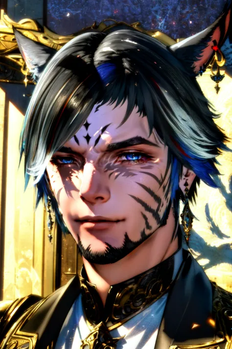 <lyco:miqoteupdate:.8> , 1boy, male focus, miqote, (masterpiece, best quality, ultra-detailed, highres), perfect face, sidelight...