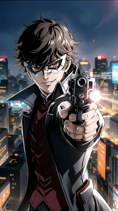 a man in a suit holding a gun in a city