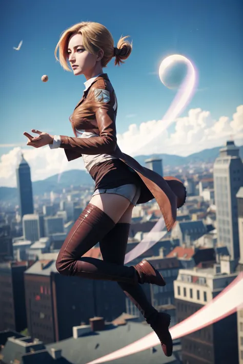 a woman in a brown jacket and black stockings is flying over a city