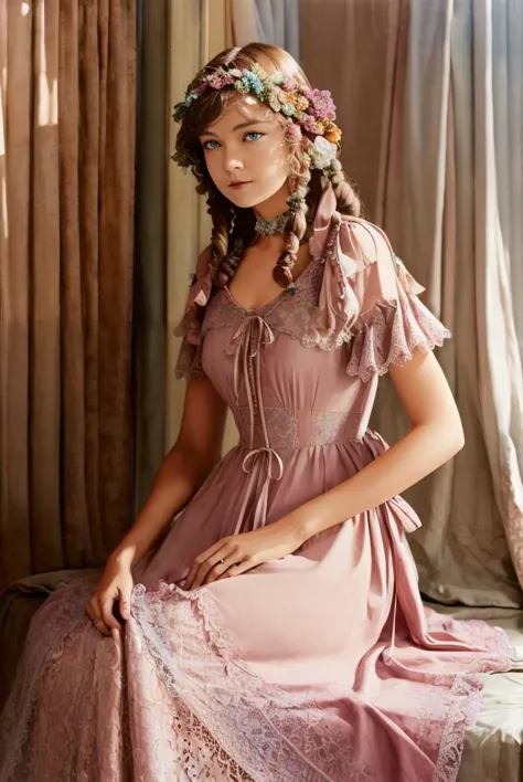 a woman in a pink dress sitting on a window sill