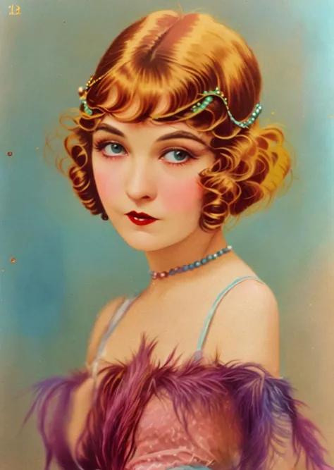 a close up of a woman with a feathered headband and a dress