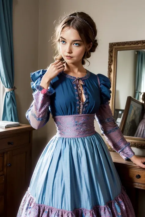 a close up of a woman in a blue dress standing near a mirror