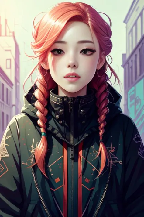 kasiq jungwoo art style, a study of cell shaded portrait of a female, tattoo head, braided colorful hair (techwear outfit), cybe...
