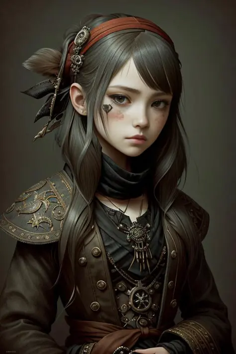 intricate portrait of a petite girl, rough, rugged, sad expression, traditional worn pirate attire, bandana, long coat :: Naoto ...
