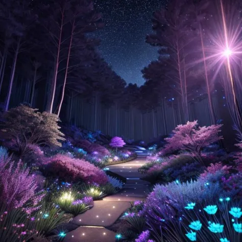 colorful bioluminescence plants in forest, crystals and glowing path, fireflies, pandora planet at night, blue and pink glow, ep...