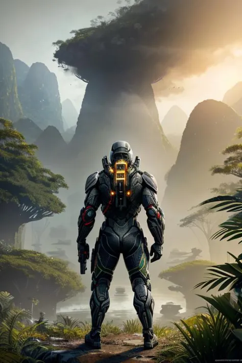 soldier wearing a nanosuit from crysis is looking at the jungle in the vietnam war, dynamic composition, cinematic lighting, war...