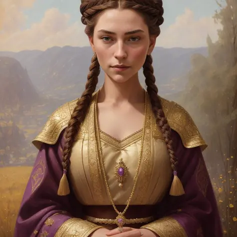 portrait of a young queen with long ((wine color braided hair)), royal guard purple outfit, elegant, regal, fantasy, by George R...
